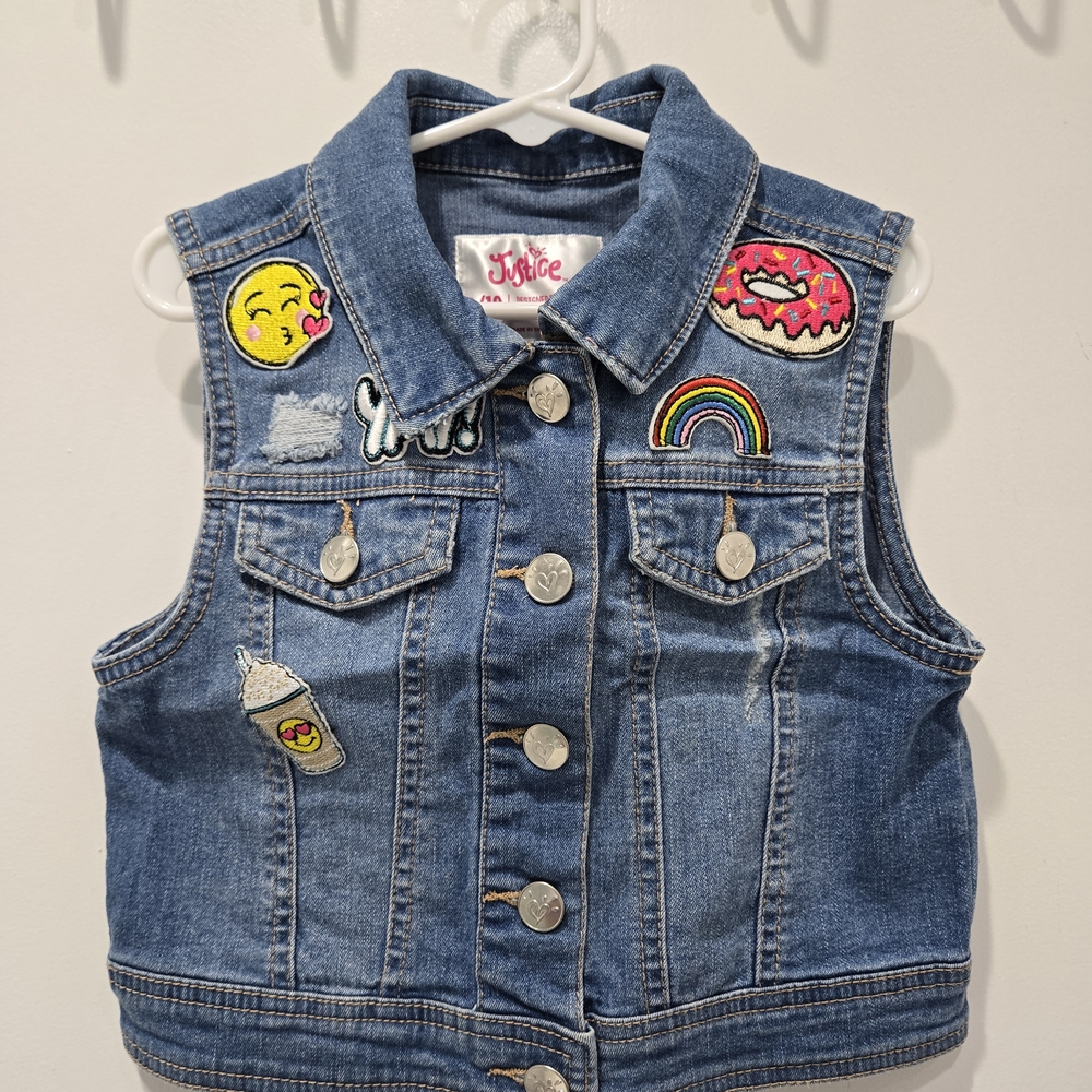 Justice Blue Denim Vest with Colorful Patches